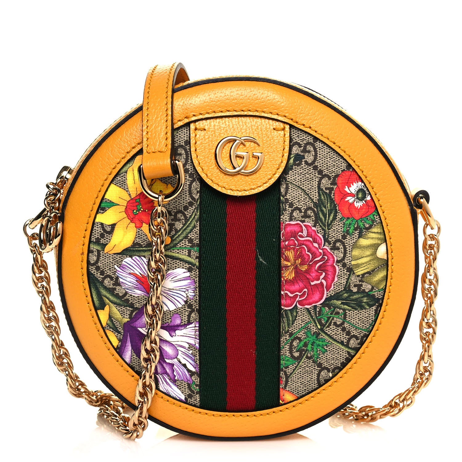 Gucci GG Supreme Monogram Flora Web Mini Ophidia Round Shoulder Bag Beige Multicolor Crop 1 of 9