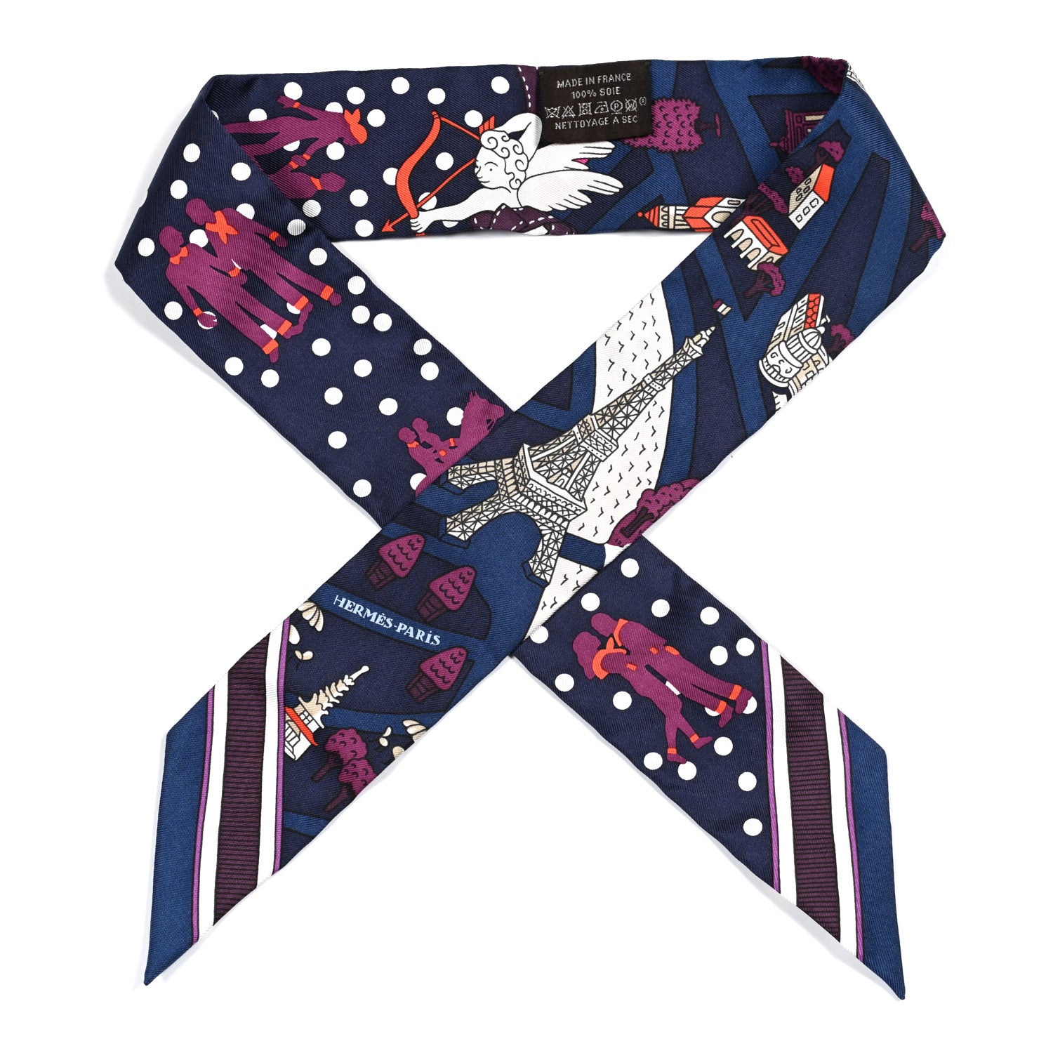 Hermes Silk Les Nouveaux Amoureux de Paris Twilly Marine Violet White 1 of 4