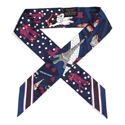 Hermes Silk Les Nouveaux Amoureux de Paris Twilly Marine Violet White 1 of 4