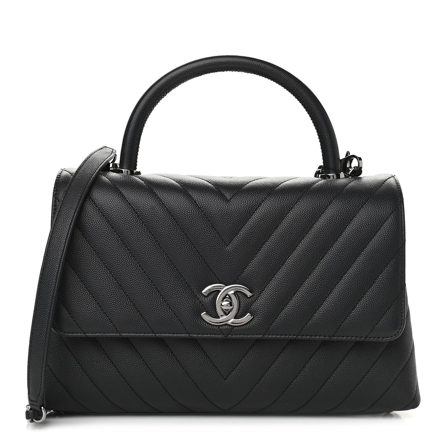 Caviar Chevron Quilted Small Coco Handle Flap Dark Grey