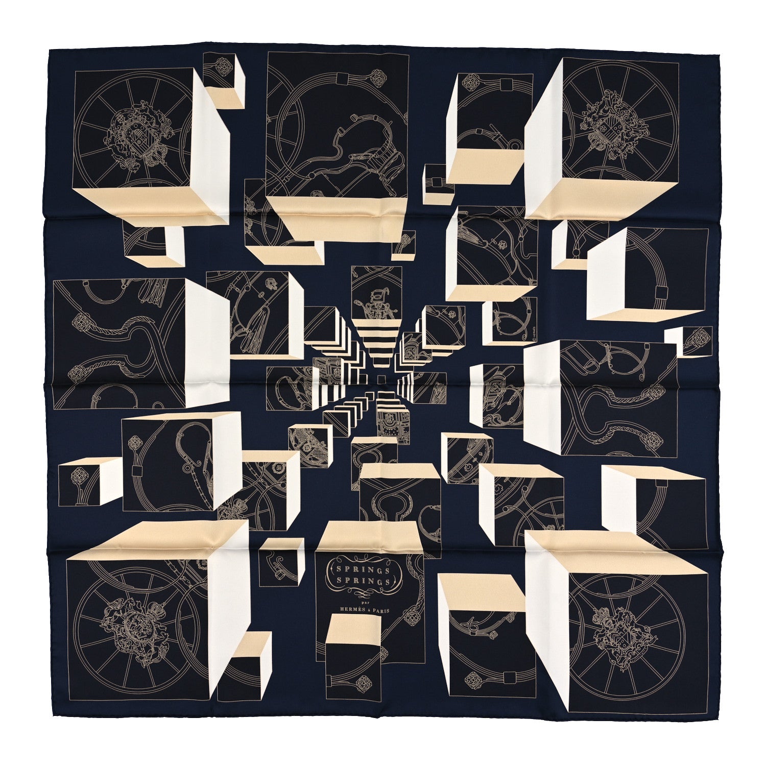 Hermes Silk Springs Springs Scarf 90 Bleu Black Beige White 1 of 3