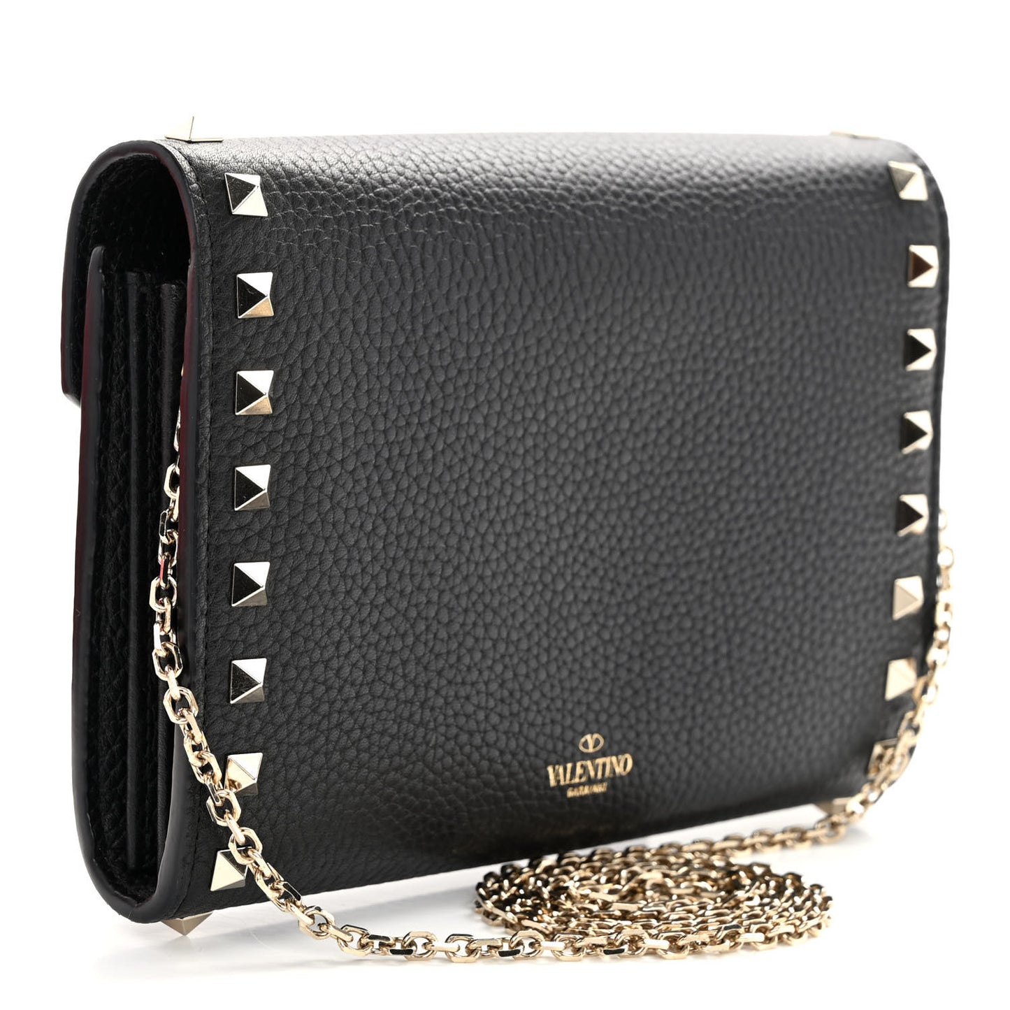 Pebbled Calfskin Rockstud Envelope Wallet on Chain Black