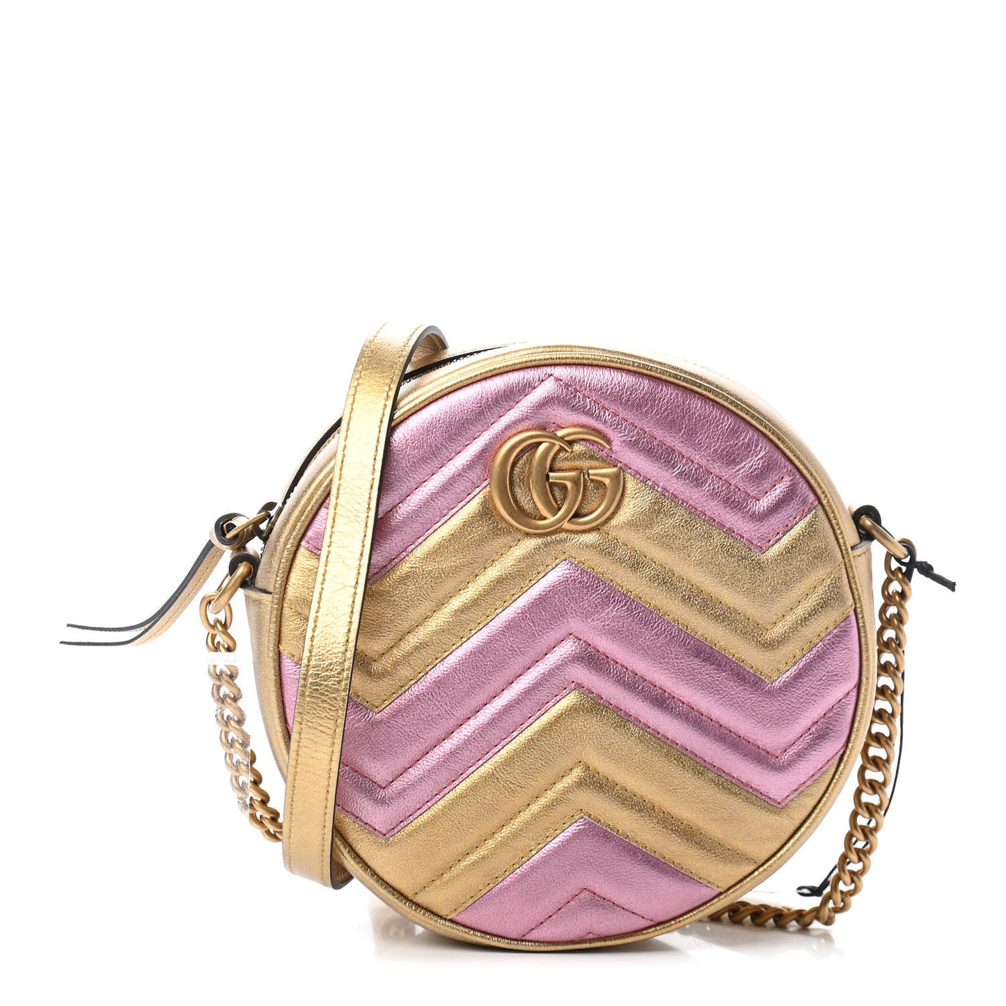 Metallic Calfskin Matelasse Mini GG Marmont Round Shoulder Bag Gold Pink