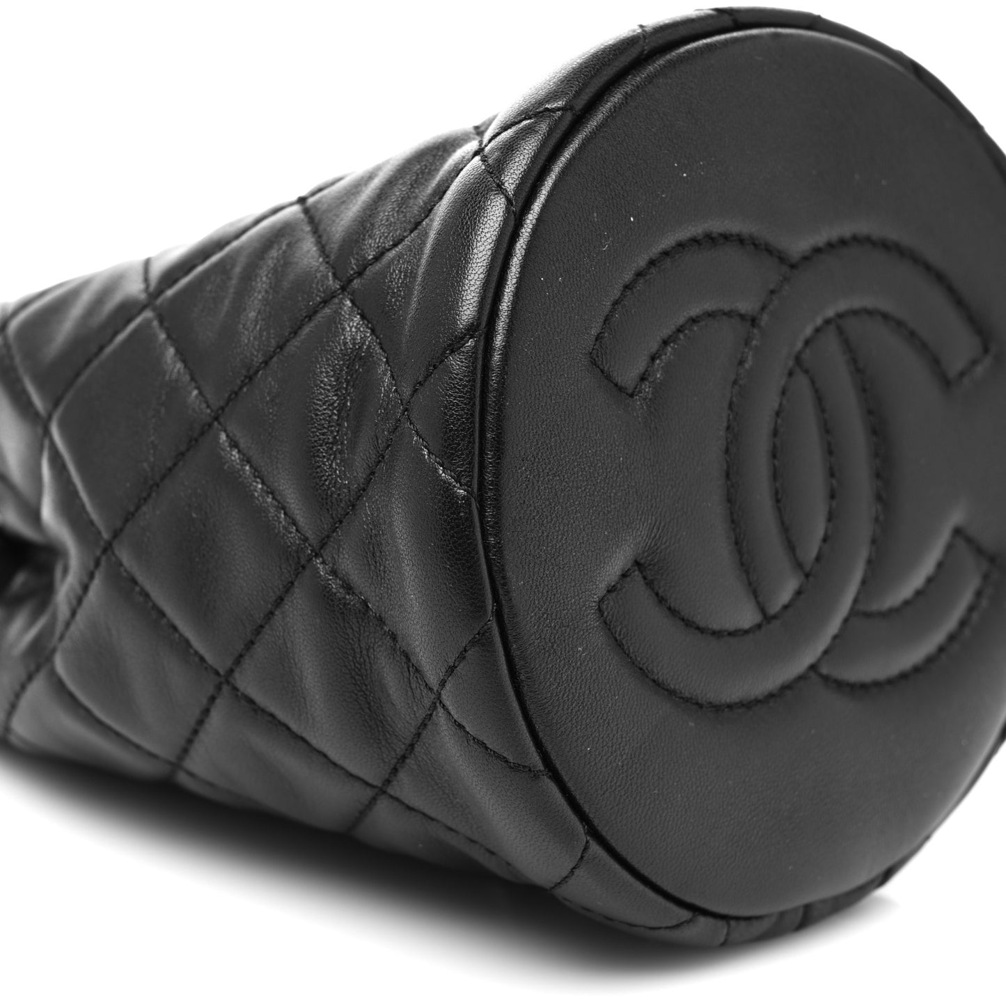 Lambskin Quilted Pearl Crush Drawstring Bag Black