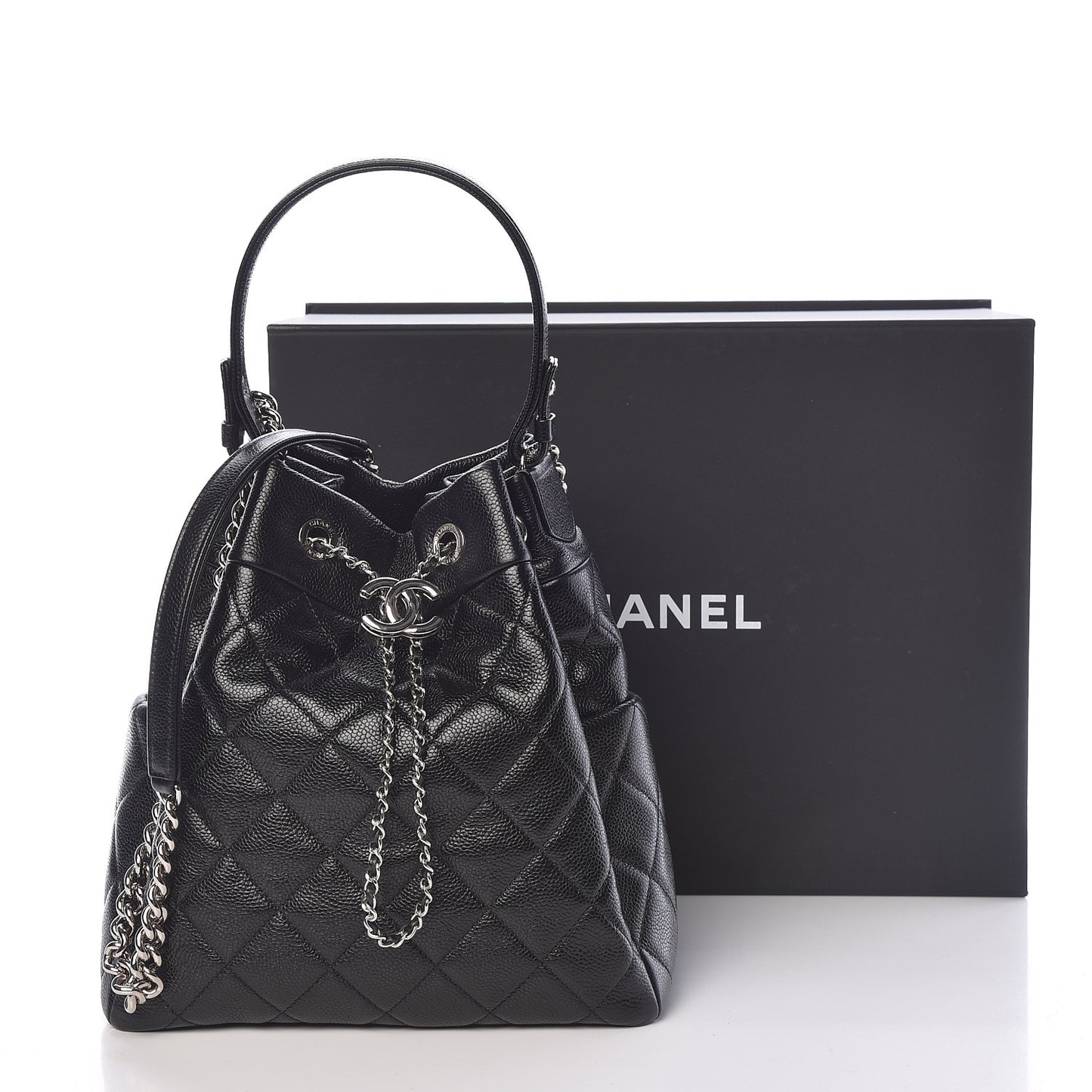 Grained Calfskin Quilted Medium CC Chain Bucket Drawstring Bag Black
