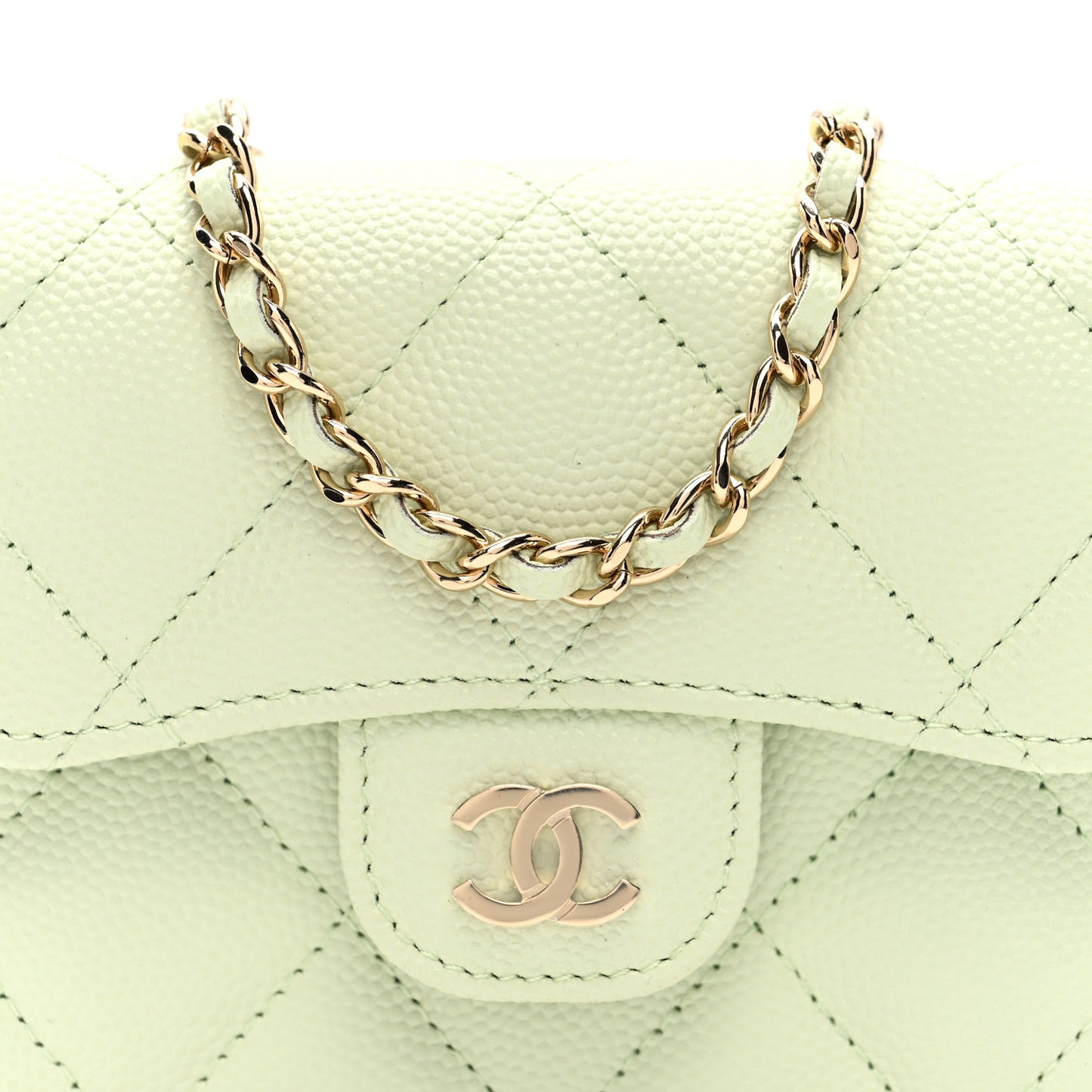 Caviar Quilted Flap Card Holder On Chain Light Green