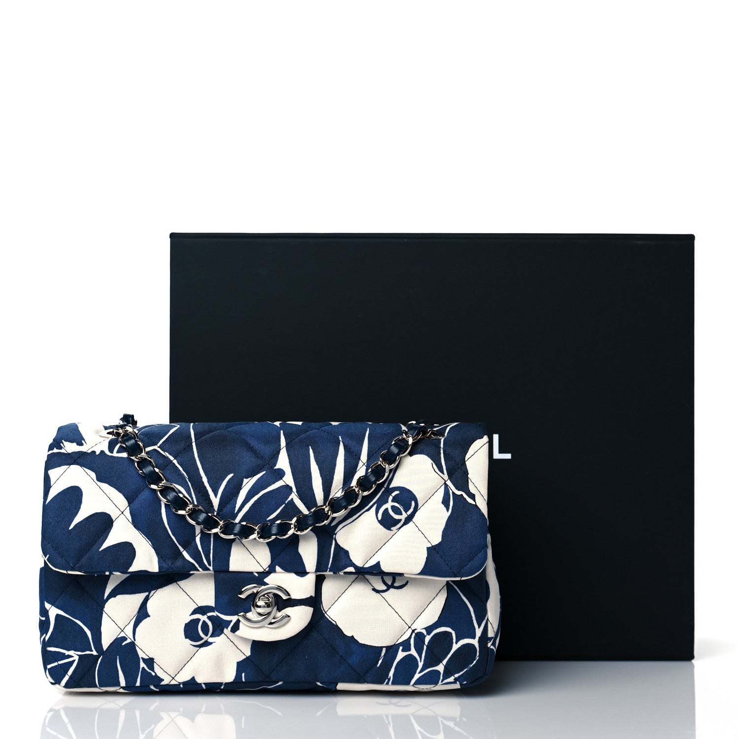 Chanel Floral Printed Silk CC Medium Single Flap Navy Blue White 11 of 11