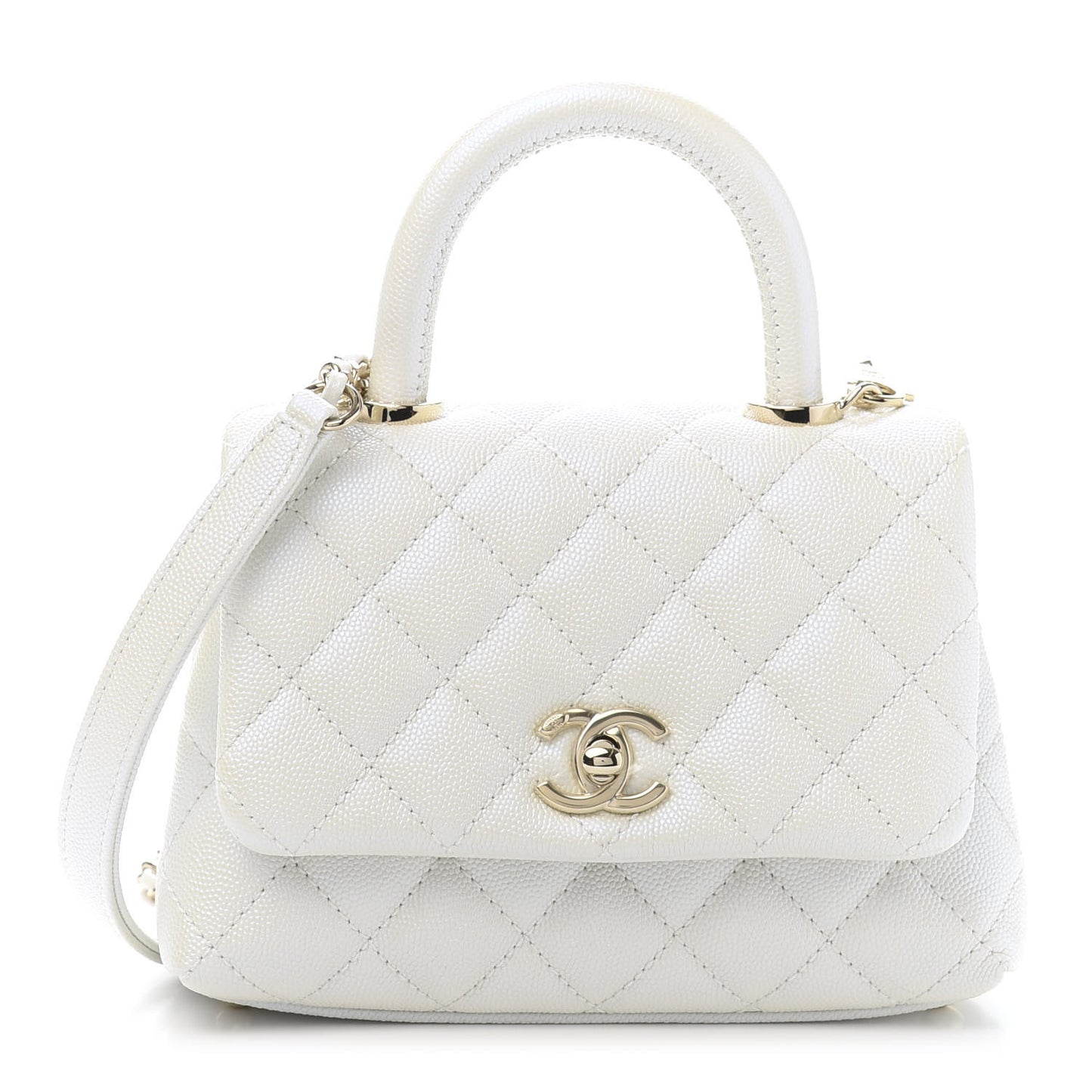 Iridescent Caviar Quilted Extra Mini Coco Handle Flap White