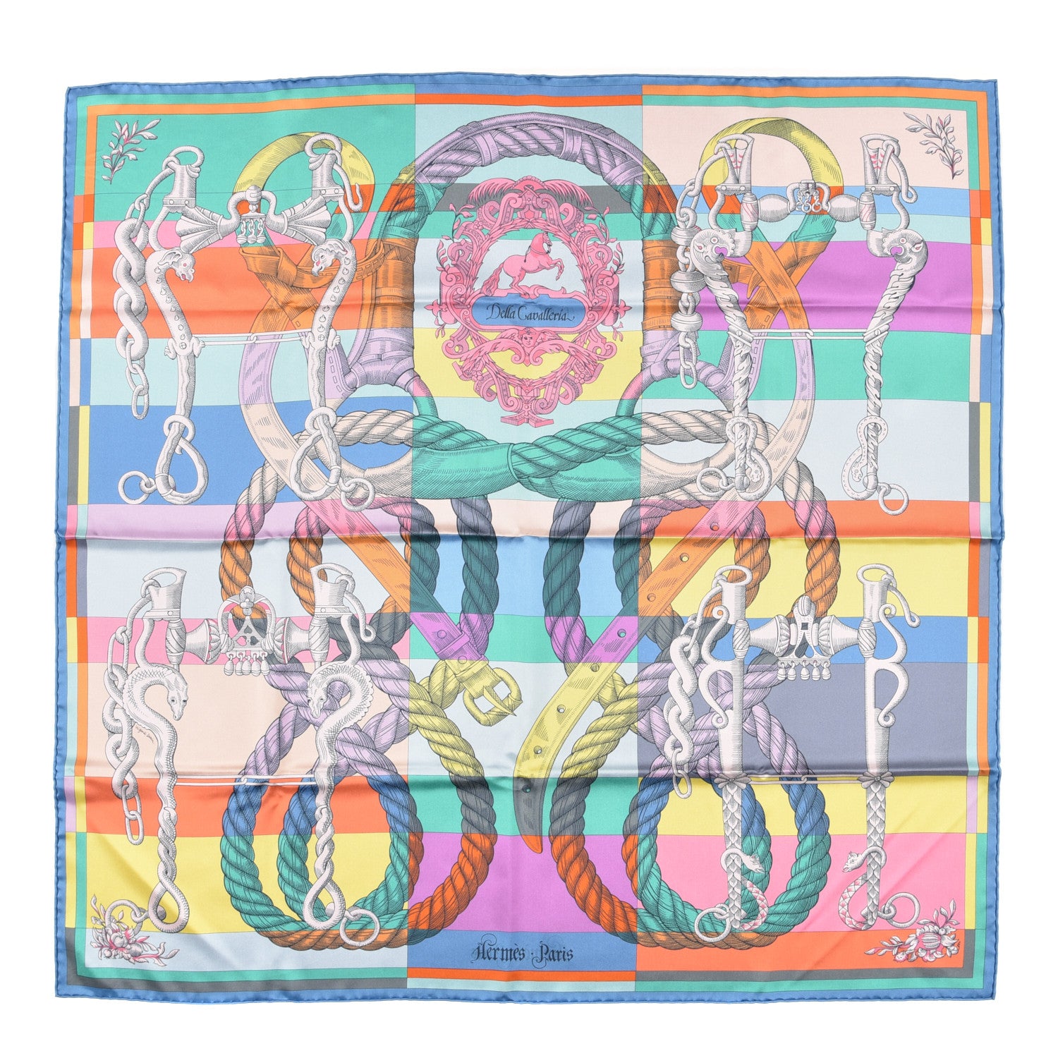 Hermes Silk Double Della Cavalleria Fine Scarf 90 Vert Jaune Vif Mauve Sylvestre 1 of 6