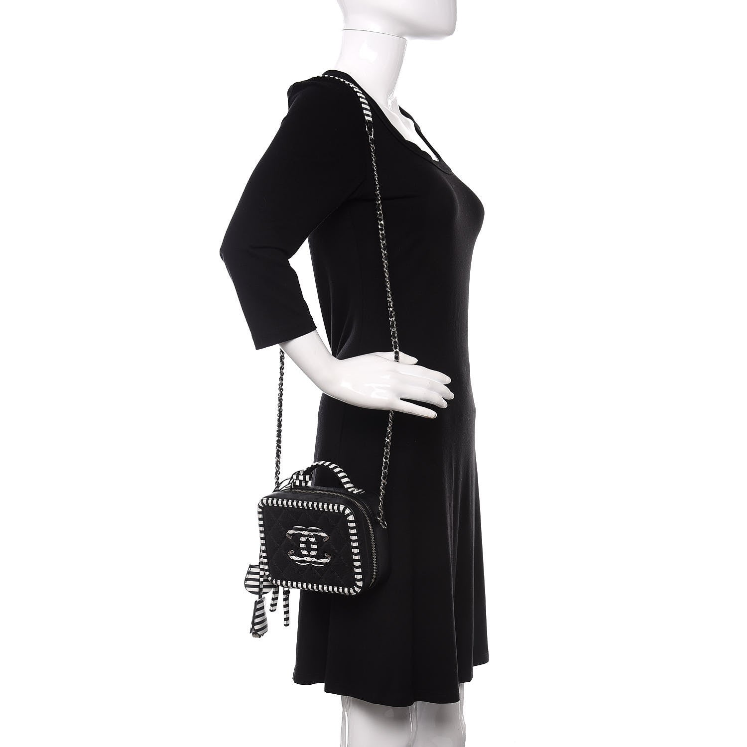 Chanel Caviar Quilted Striped Small CC Filigree Vanity Case Black White 2 of 10