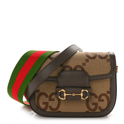Gucci Monogram Jumbo GG Textured Dollar Calfskin Web Mini Horsebit 1955 Shoulder Bag Camel Ebony New Acero 1 of 11