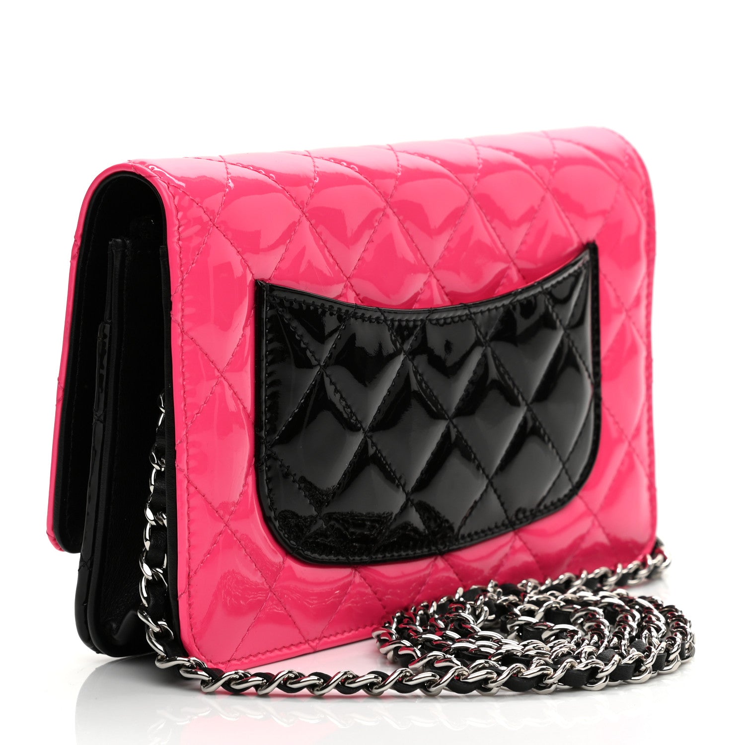 Chanel Patent Quilted Bi-Color Wallet On Chain WOC Pink Black 2 of 9