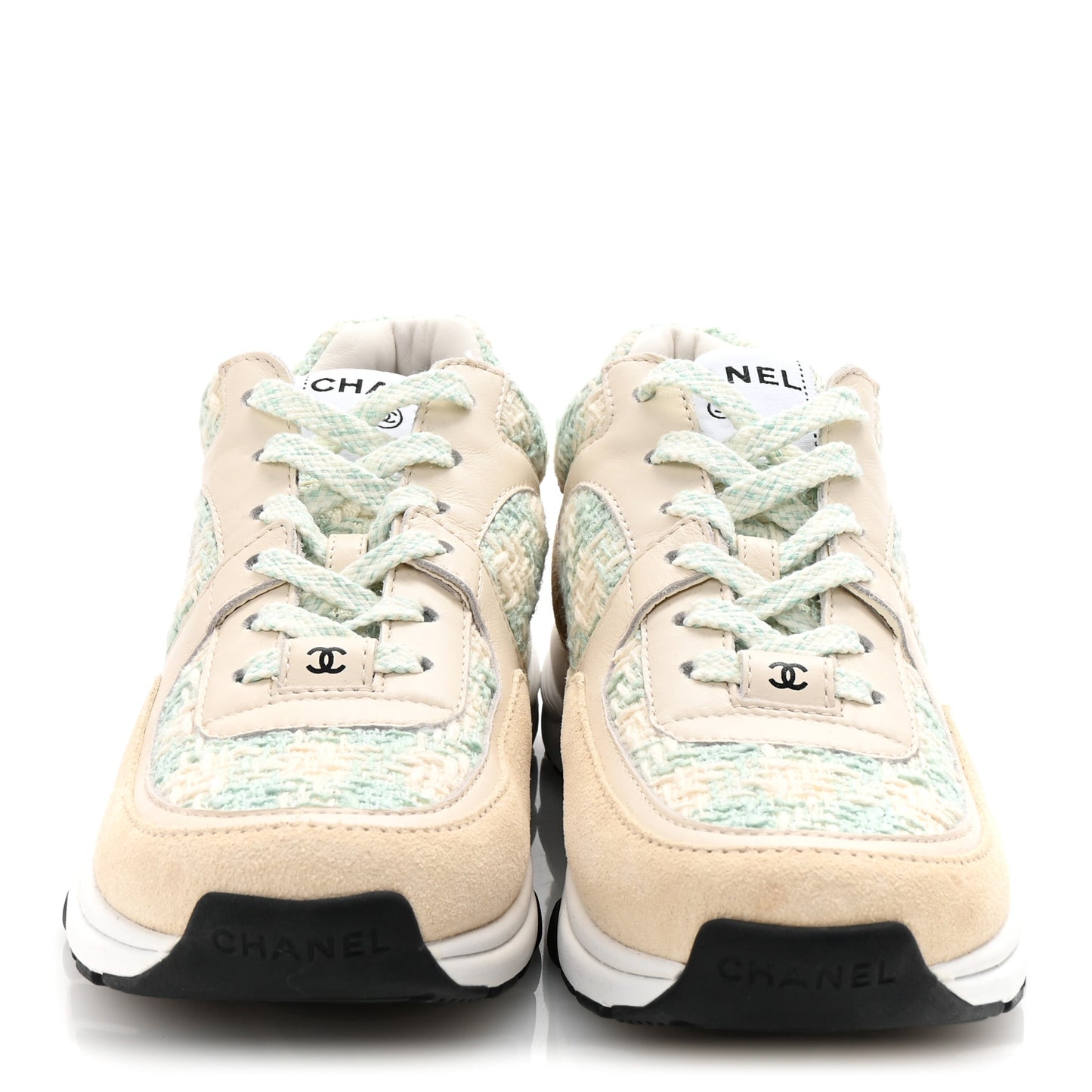 Tweed Suede Calfskin Womens CC Sneakers 36.5 Blue Ecru