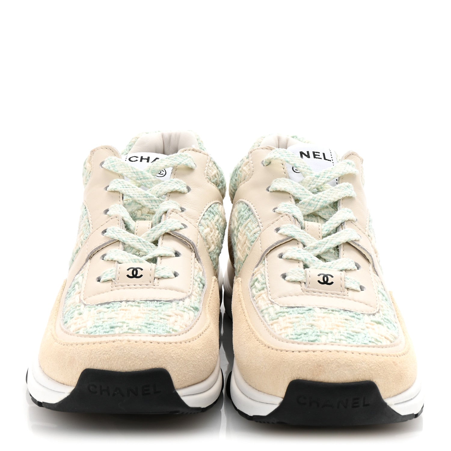 Chanel Tweed Suede Calfskin Womens CC Sneakers 36.5 Blue Ecru 3 of 9