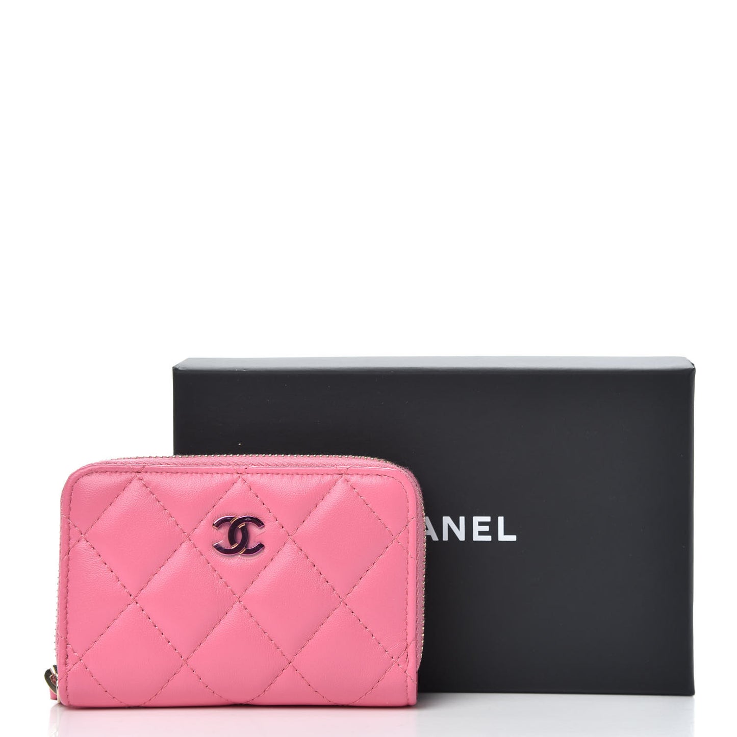 Lambskin Quilted Zip Around Coin Purse Wallet Pink Yellow