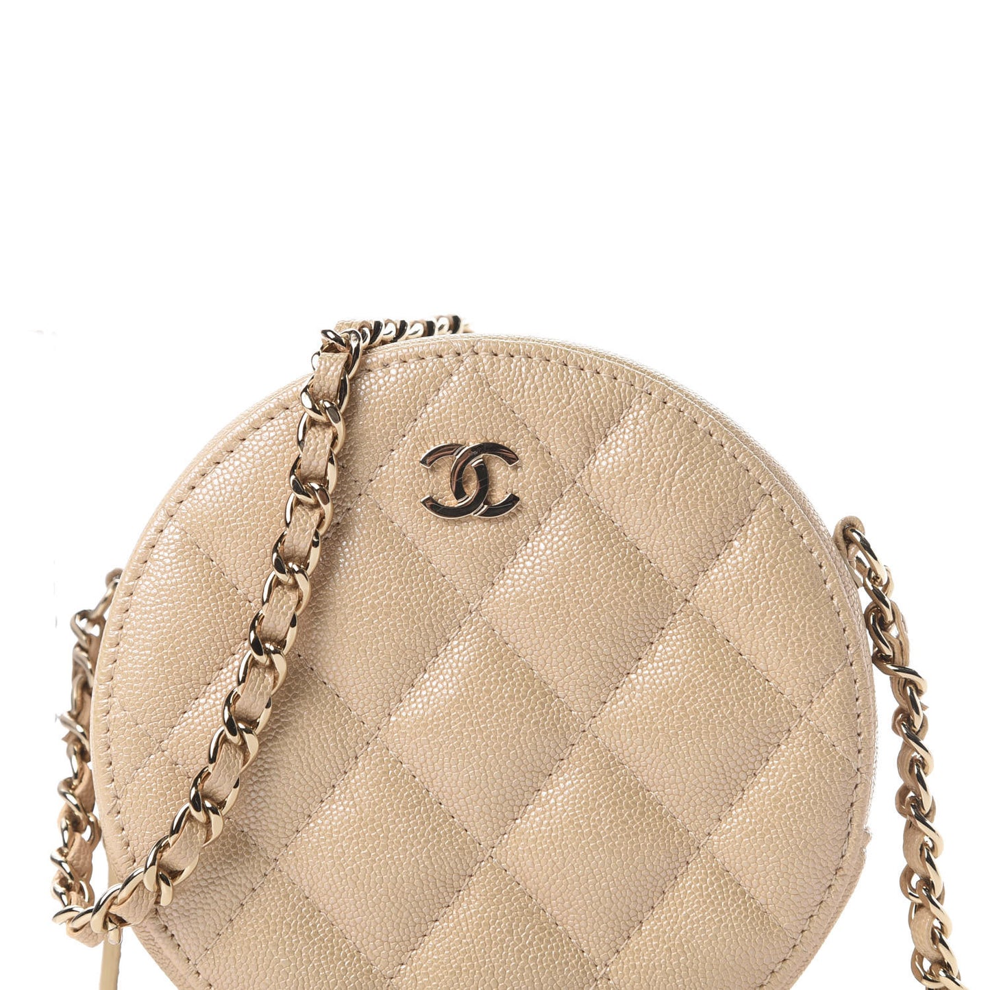Iridescent Caviar Quilted Round Clutch With Chain Beige