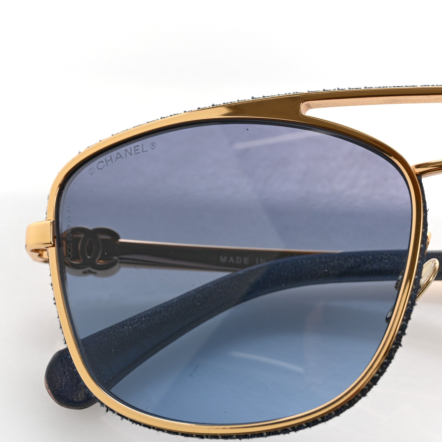 Chanel Metal Calfskin Denim Pilot Sunglasses 4290-Q Gold Blue 7 of 8