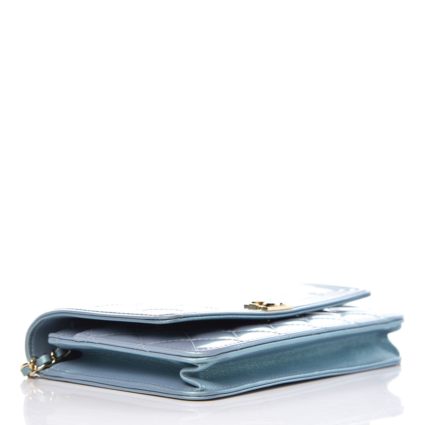 Metallic Patent Calfskin Quilted Boy Wallet on Chain WOC Light Blue