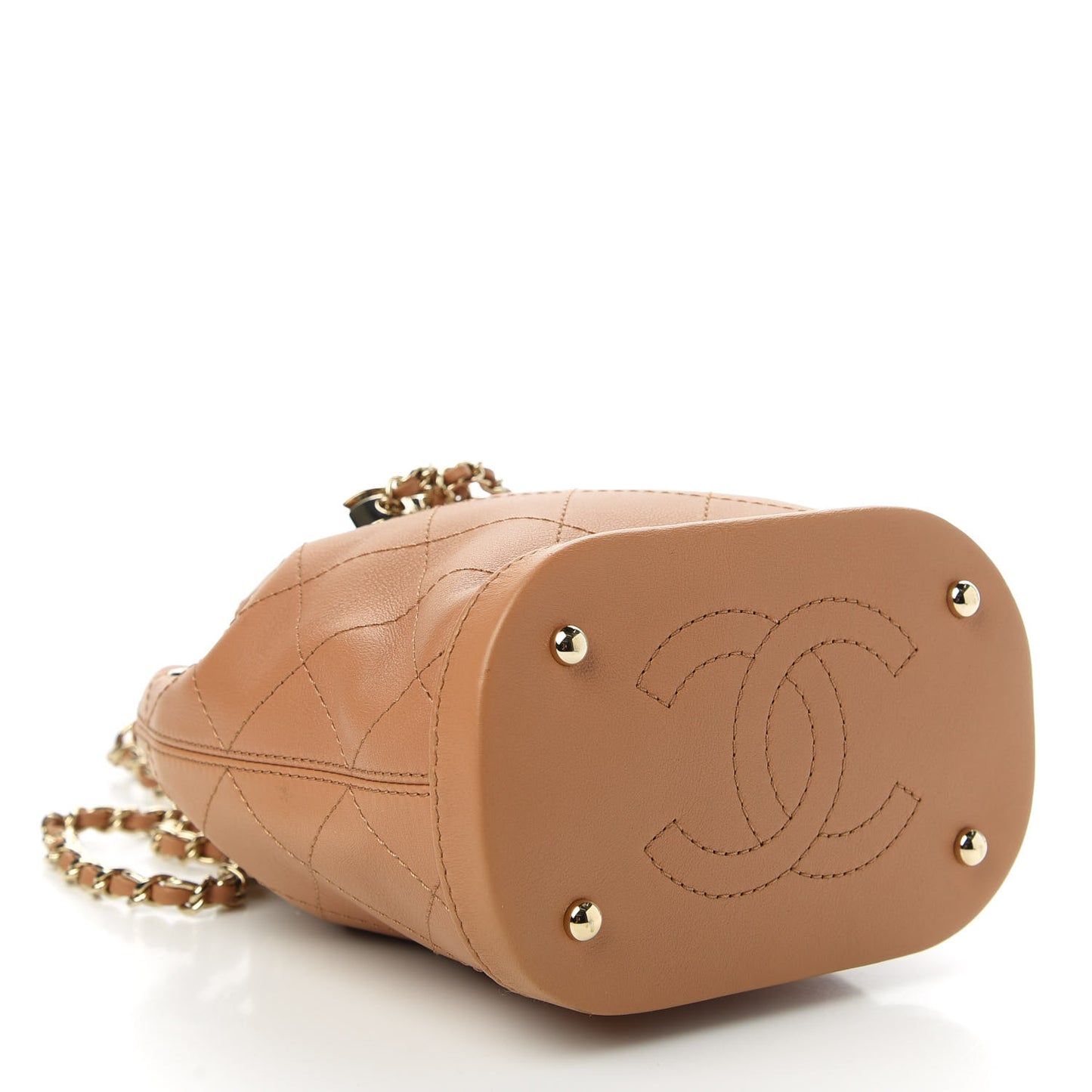 Calfskin Stitched Chain Bucket Bag Camel