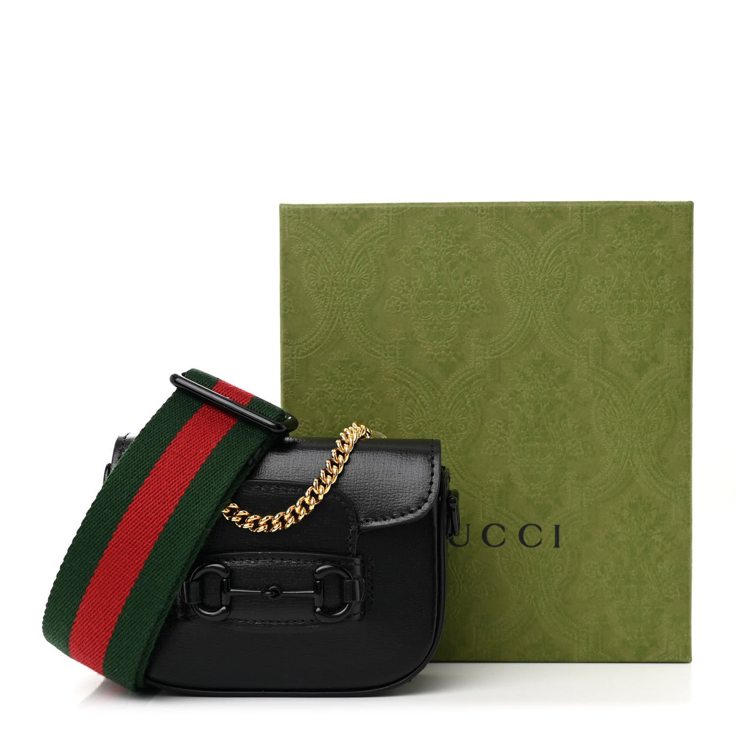 Azalea Calfskin Web Monochrome Horsebit 1955 Wallet On Strap Black