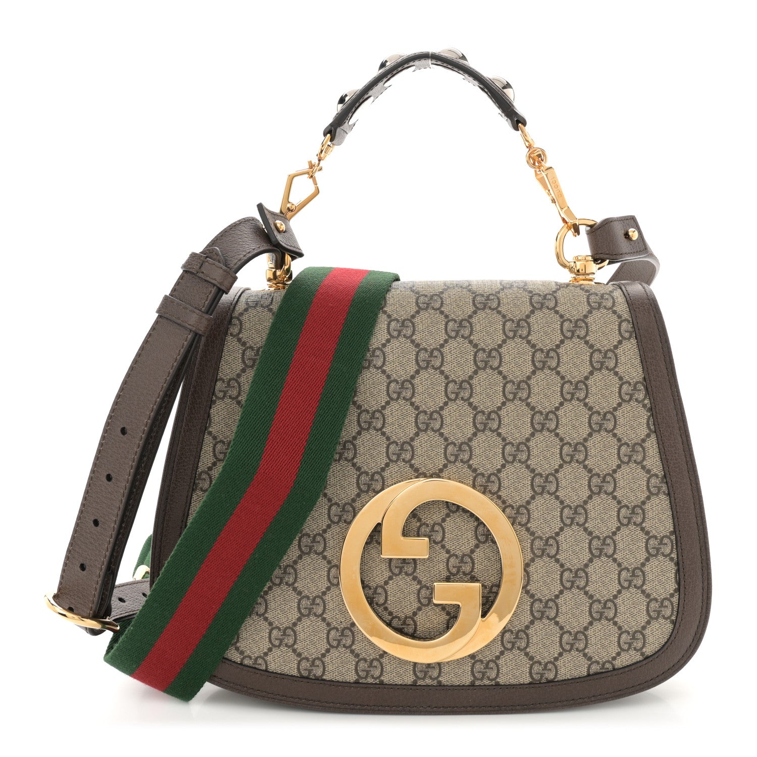 Gucci GG Supreme Monogram Textured Dollar Calfskin Web Medium Blondie Top Handle Shoulder Flap Bag Beige Ebony New Acero 1 of 11