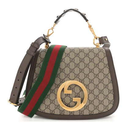Gucci GG Supreme Monogram Textured Dollar Calfskin Web Medium Blondie Top Handle Shoulder Flap Bag Beige Ebony New Acero 1 of 11