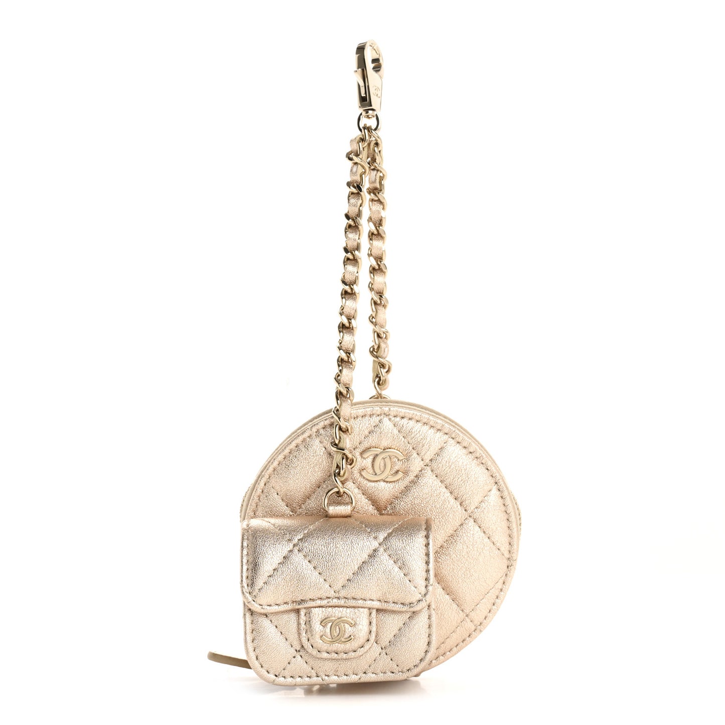Metallic Lambskin Quilted Round Clip On Coin Purse Airpods Case Gold