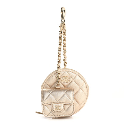 Chanel Metallic Lambskin Quilted Round Clip On Coin Purse Airpods Case Gold 1 of 9