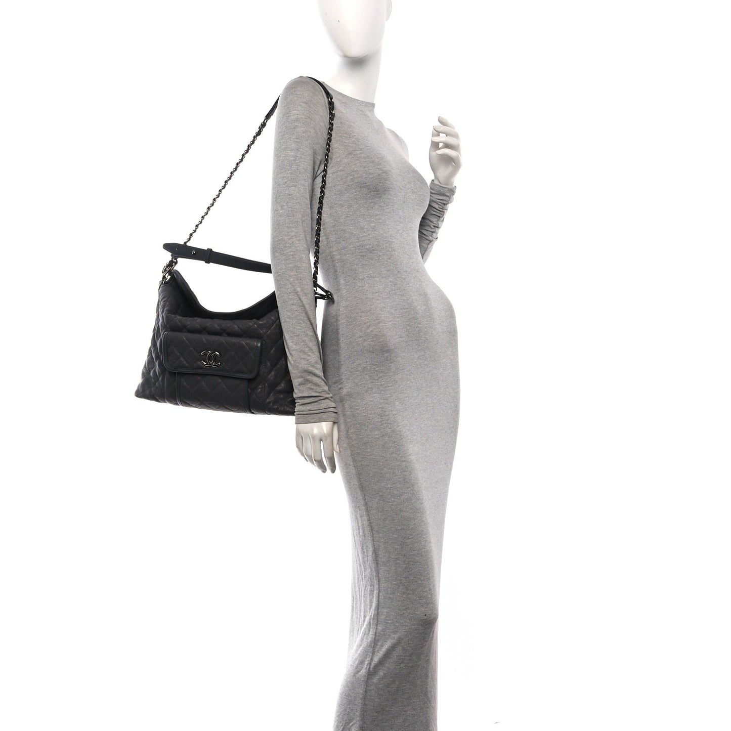 Caviar Quilted French Riviera Hobo Dark Grey