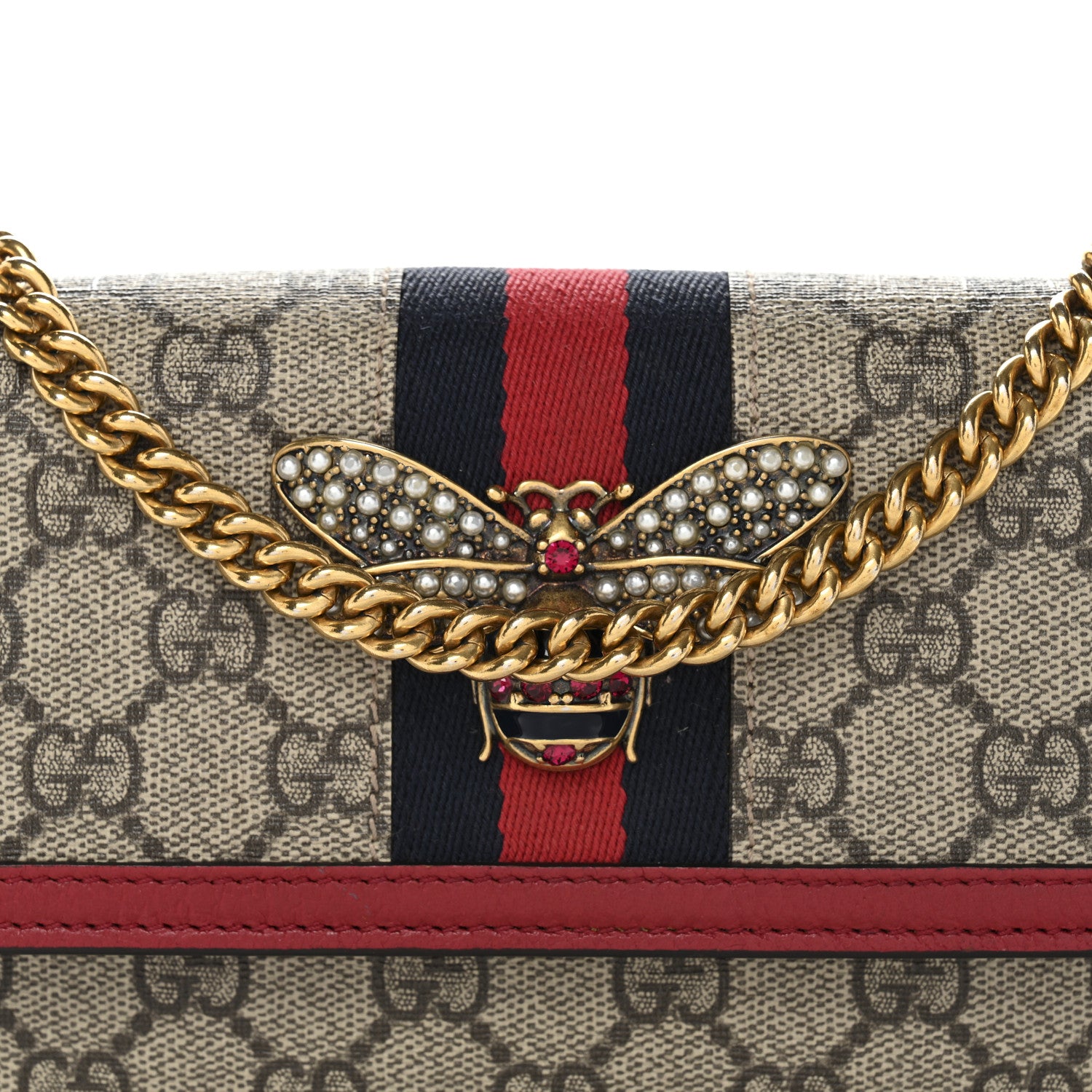 Gucci GG Supreme Monogram Web Queen Margaret Chain Wallet Red