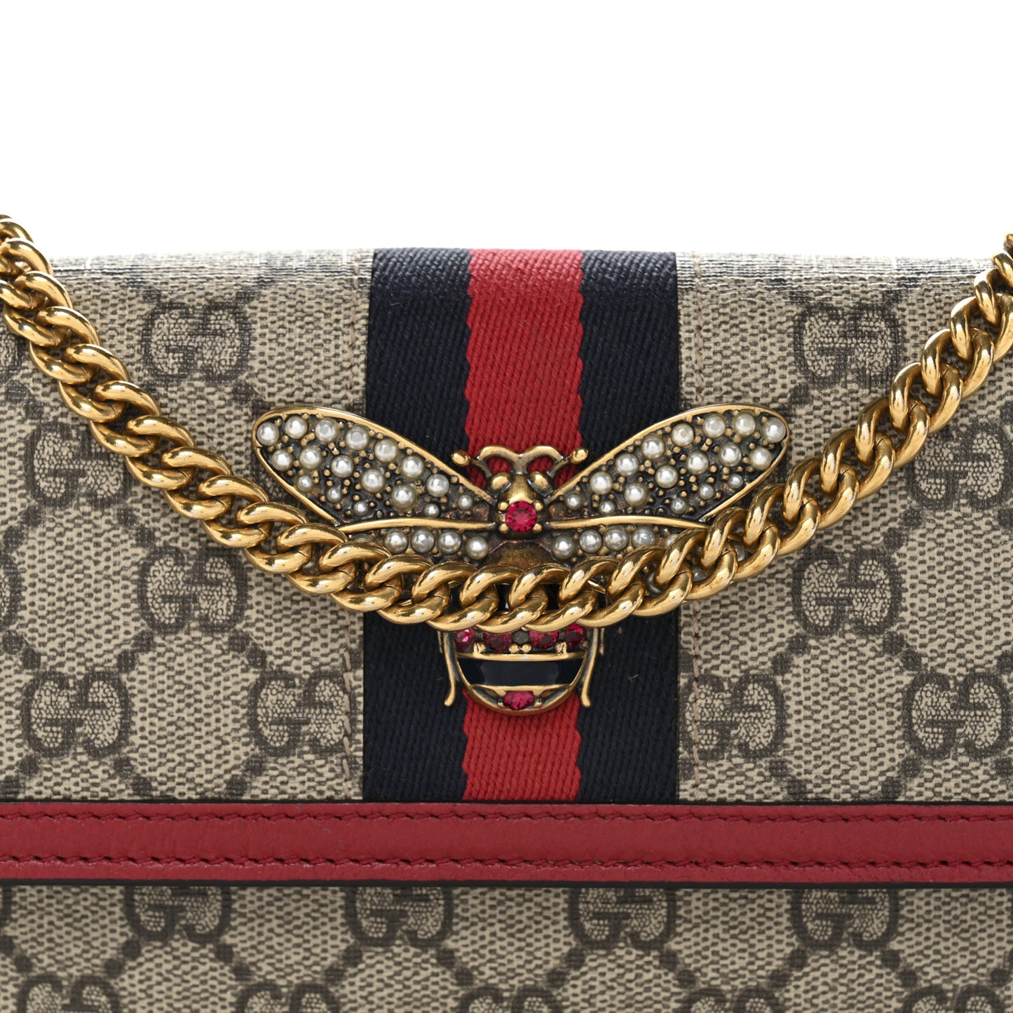 GG Supreme Monogram Web Queen Margaret Chain Wallet Red