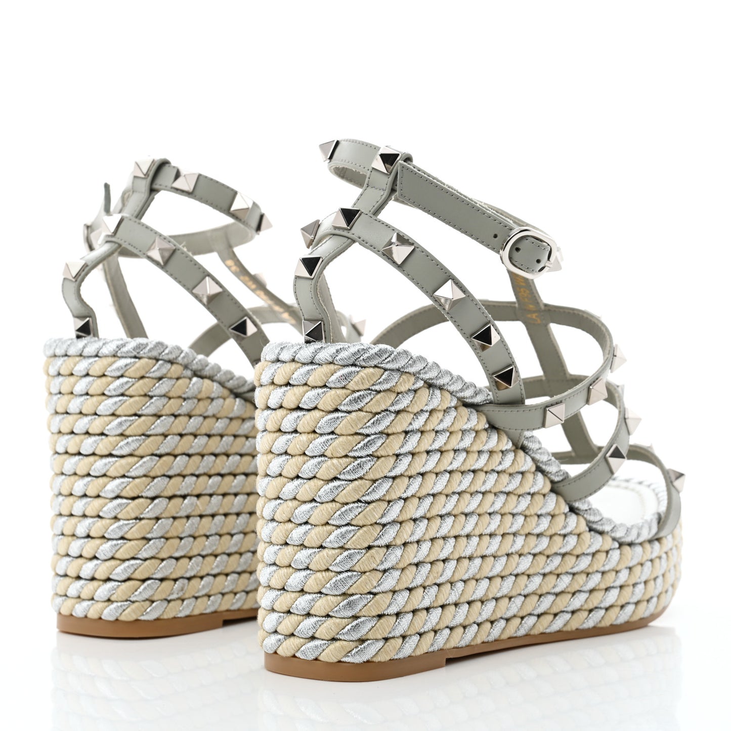 Calfskin Rockstud Ankle Strap Torchon Espadrille Caged 25/95mm Wedge Sandals 38 Opal Grey Argento Champagne