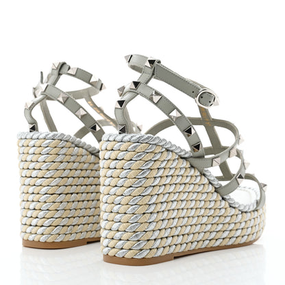 Valentino Garavani Calfskin Rockstud Ankle Strap Torchon Espadrille Caged 25/95mm Wedge Sandals 38 Opal Grey Argento Champagne 4 of 8