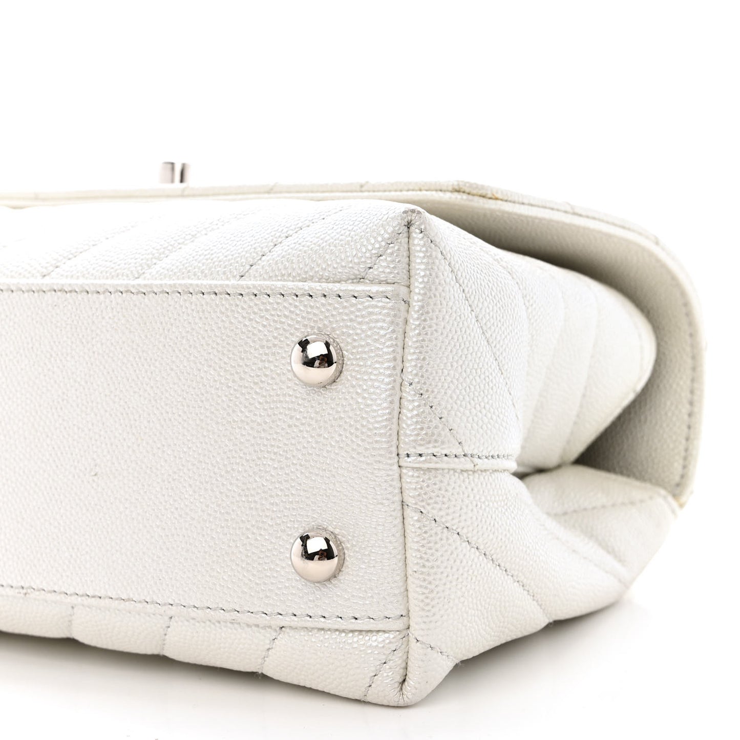 Iridescent Caviar Chevron Quilted Mini Coco Handle Flap White