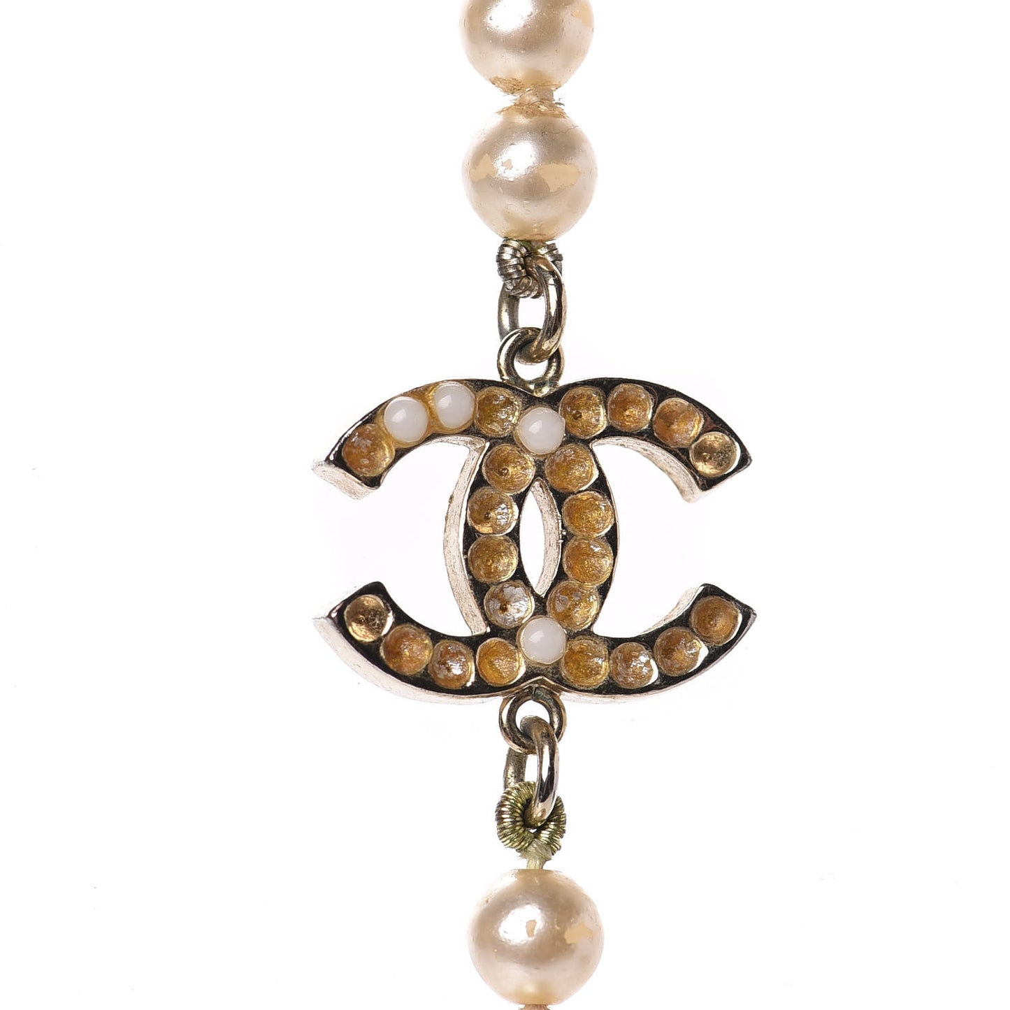 Pearl Crystal Long CC Necklace Gold