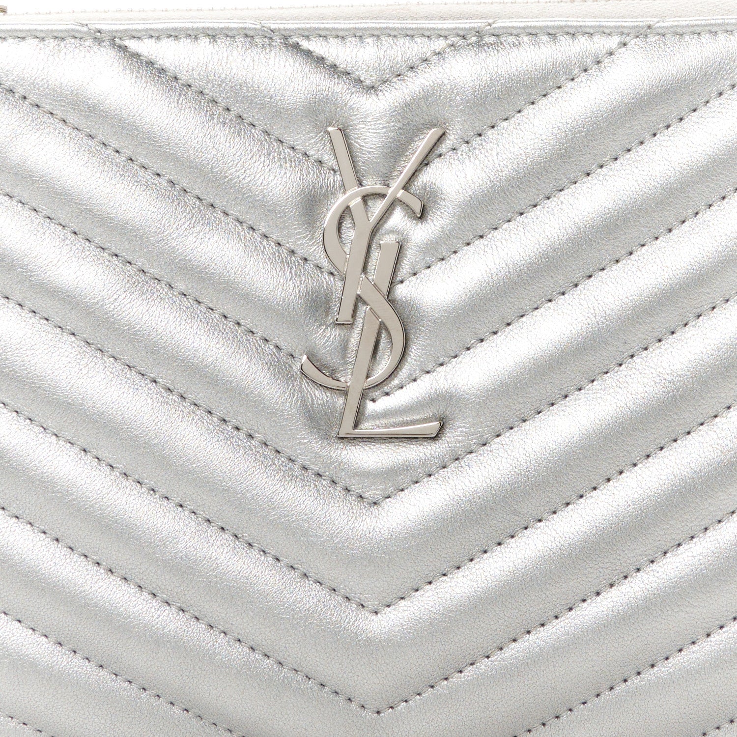 Saint Laurent Metallic Calfskin Matelasse Chevron Monogram Pouch Silver 8 of 9
