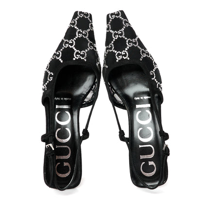 Gucci Tela Retino Kid Scamosciato Crystal GG Monogram Square G 35mm Slingback Pumps 35 Black 5 of 9