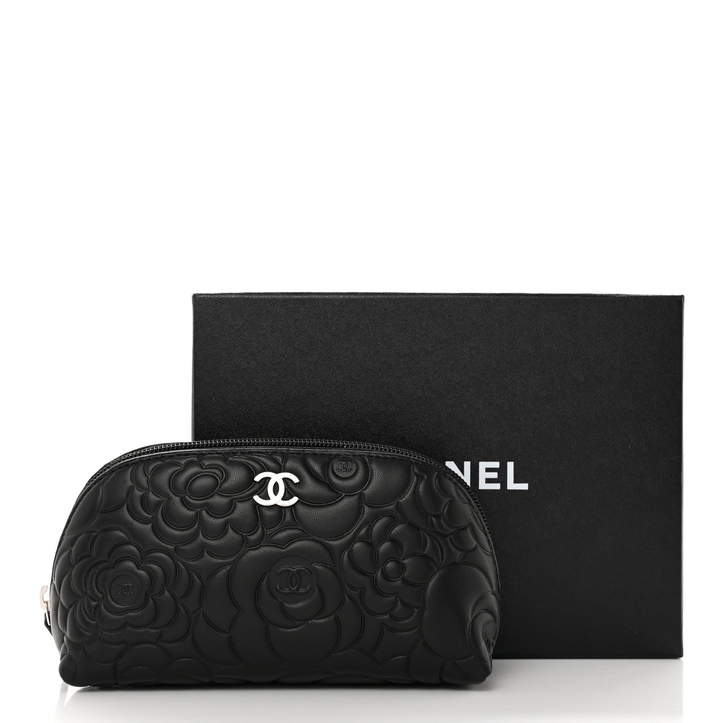 Lambskin Camellia Embossed Cosmetic Case Black