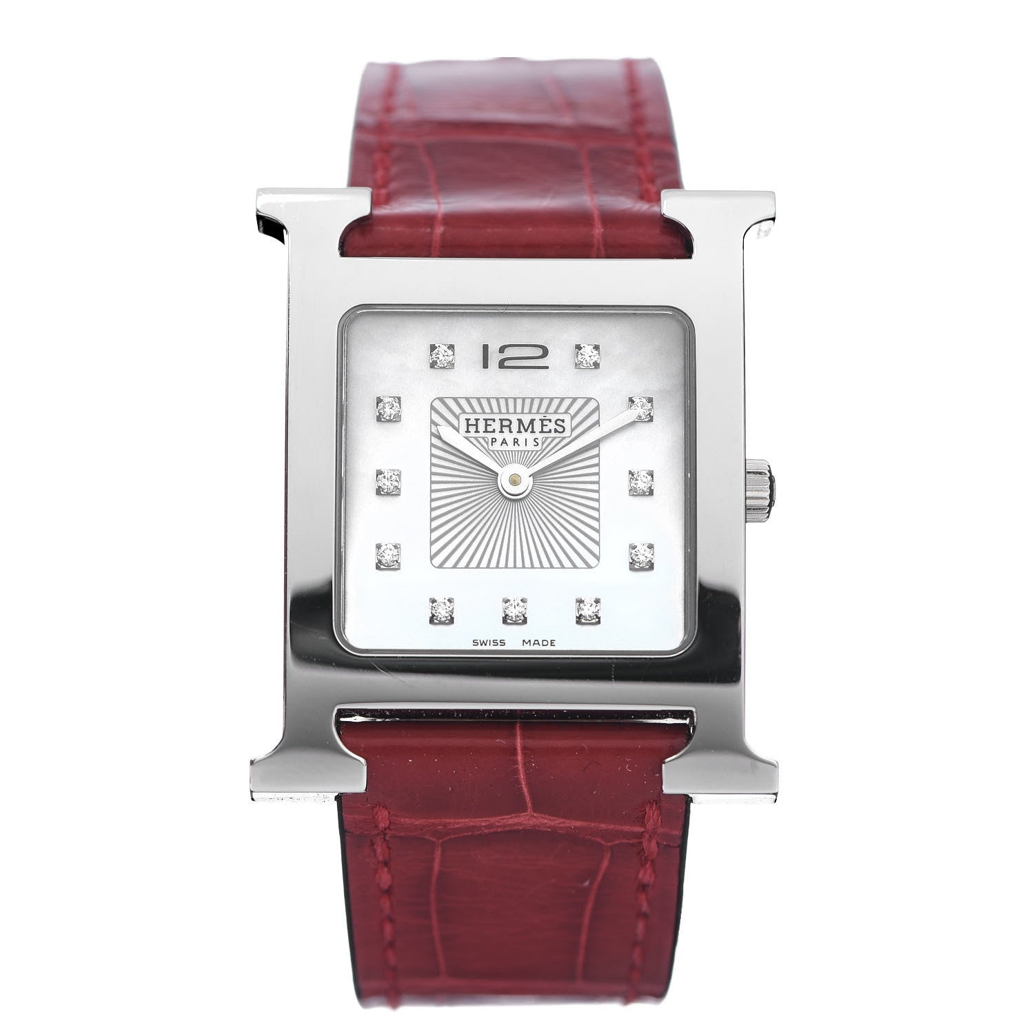 Hermes Stainless Steel Alligator Diamond Mother of Pearl 26mm Heure H Hour Quartz Watch Braise 1 of 10