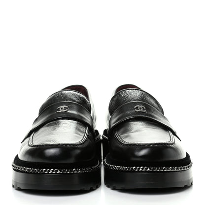 Chanel Crinkled Calfskin CC Chain Mocassin Loafers 39 Black 2 of 8