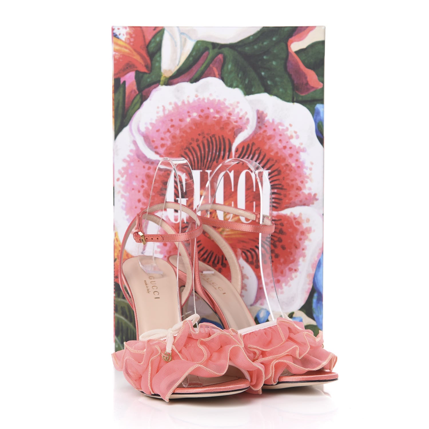 Gucci Tulle Ruffle High Heel Slingback Sandals 35 Peach White 9 of 9