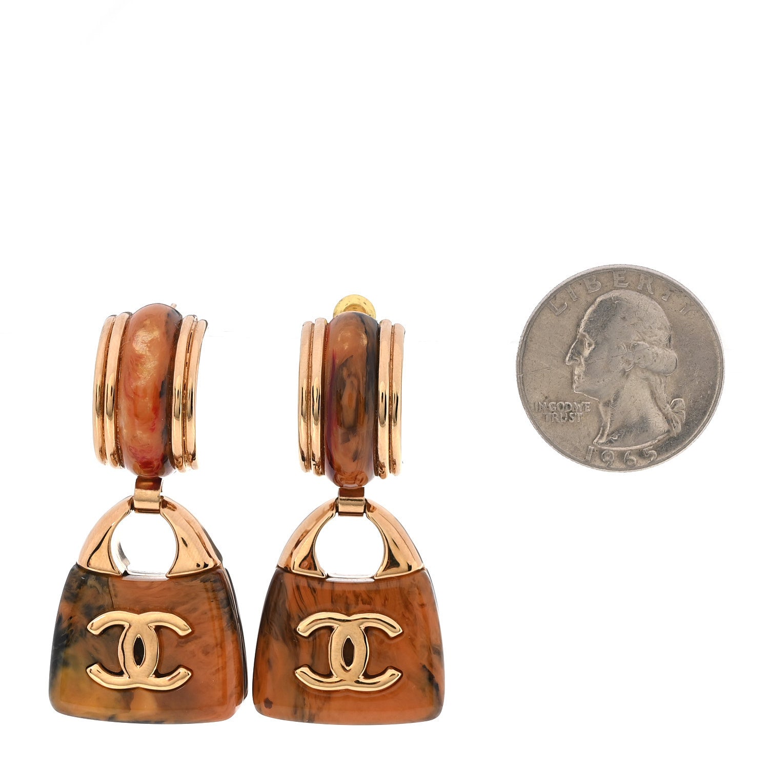 Chanel Metal Resin Marbled Enamel Handbag CC Drop Earrings  Gold Orange Black Red 2 of 4