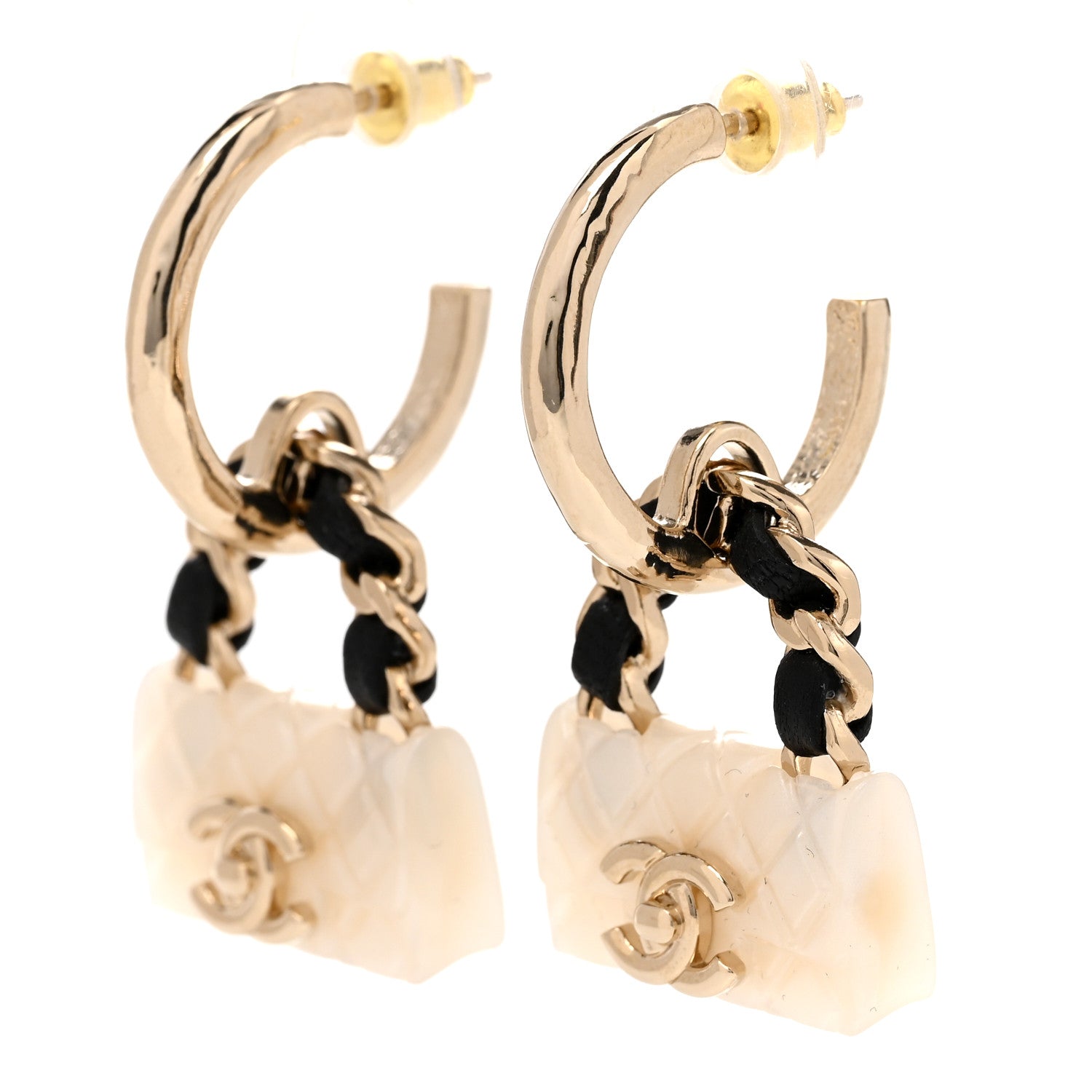 Chanel Metal Resin Lambskin Quilted CC Turnlock Chain Bag Earrings Gold Pearly White 3 of 5