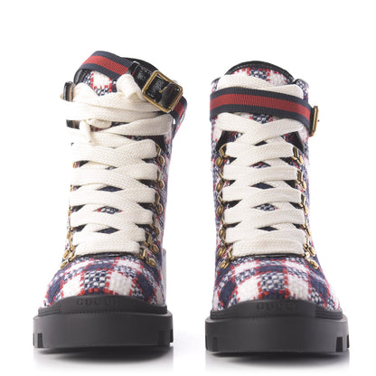 Gucci Vintage Tweed Check Lace Up Combat Ankle Boots 39 White Hibiscus Red Marine 2 of 12