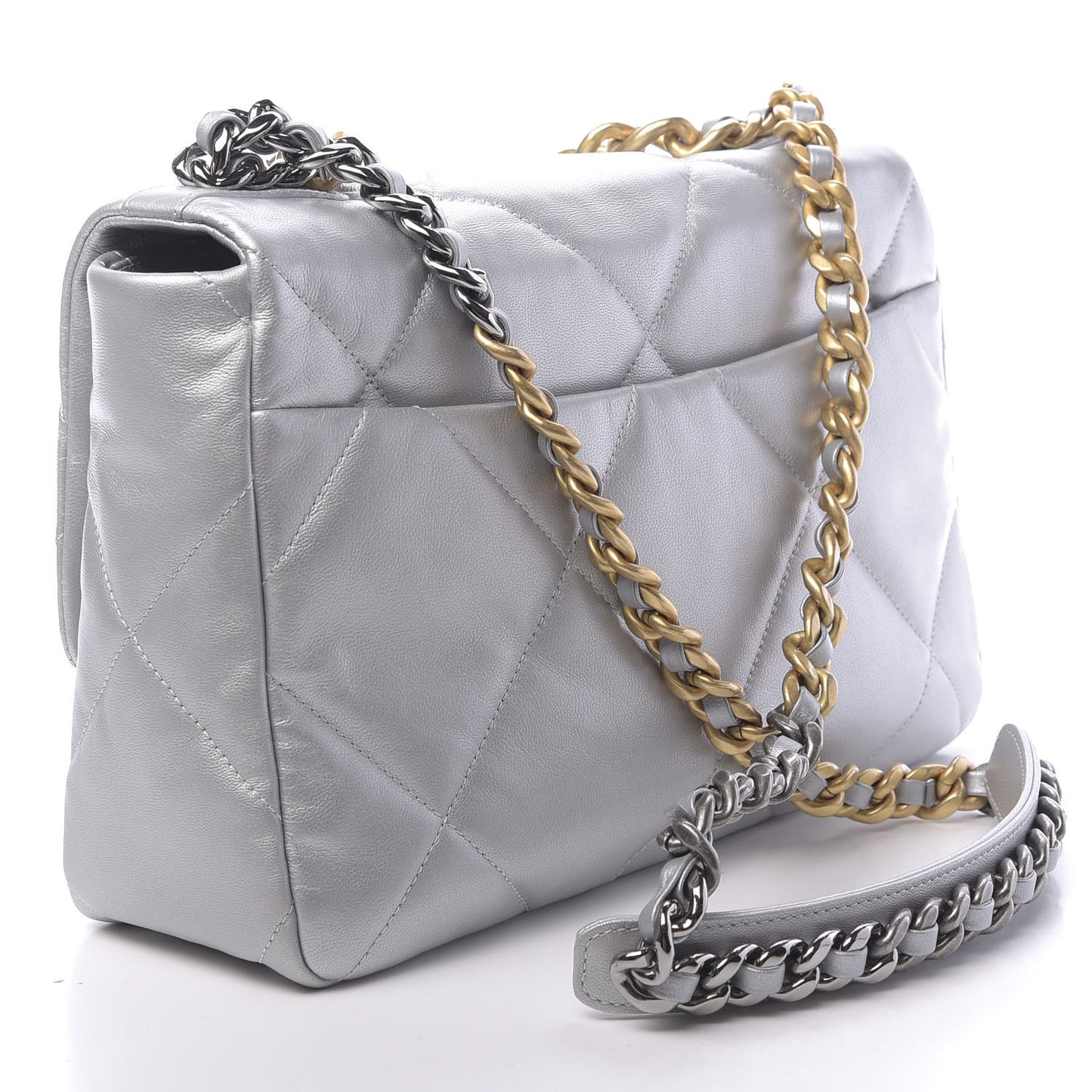 Metallic Goatskin Quilted Large 19 Flap Silver