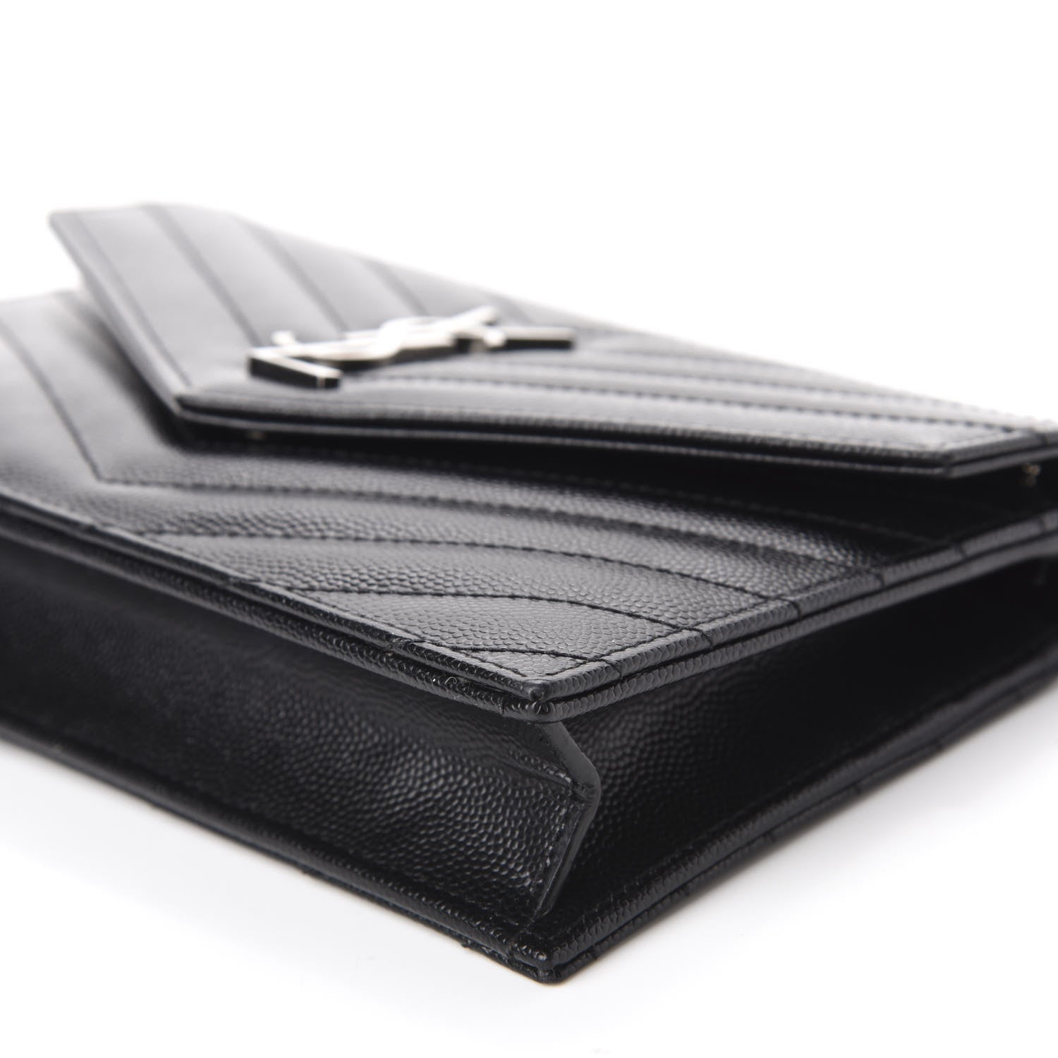 Saint Laurent Grain De Poudre Matelasse Chevron Monogram Envelope Chain Wallet Black 7 of 13