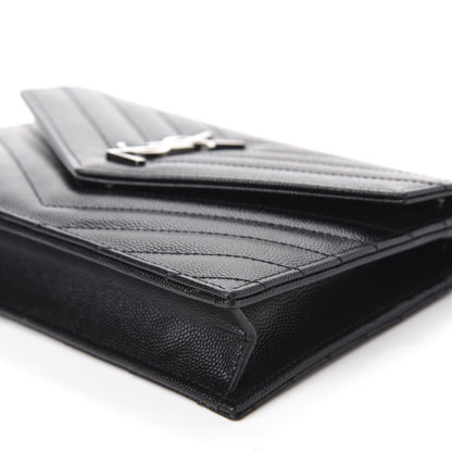Saint Laurent Grain De Poudre Matelasse Chevron Monogram Envelope Chain Wallet Black 7 of 13