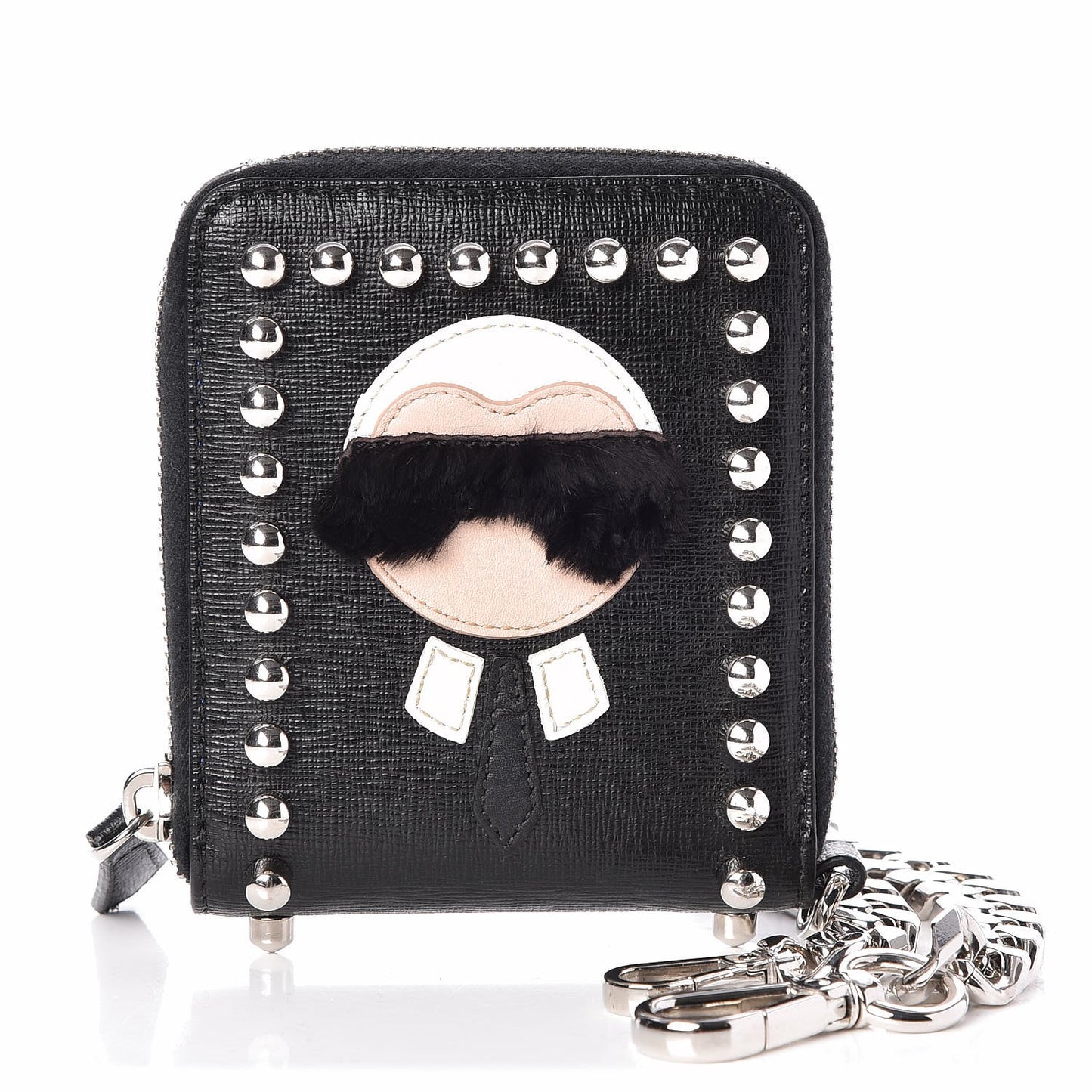 Vitello Elite Flamingo Mink Karlito Studded Zip Around Chain Wallet Black White Plaster