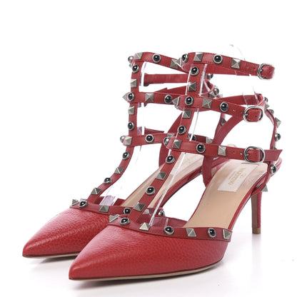 Valentino Garavani Pebbled Calfskin Onyx Rockstud Rolling Ankle Strap 65mm Pumps 39 Rosso Valentino 3 of 9