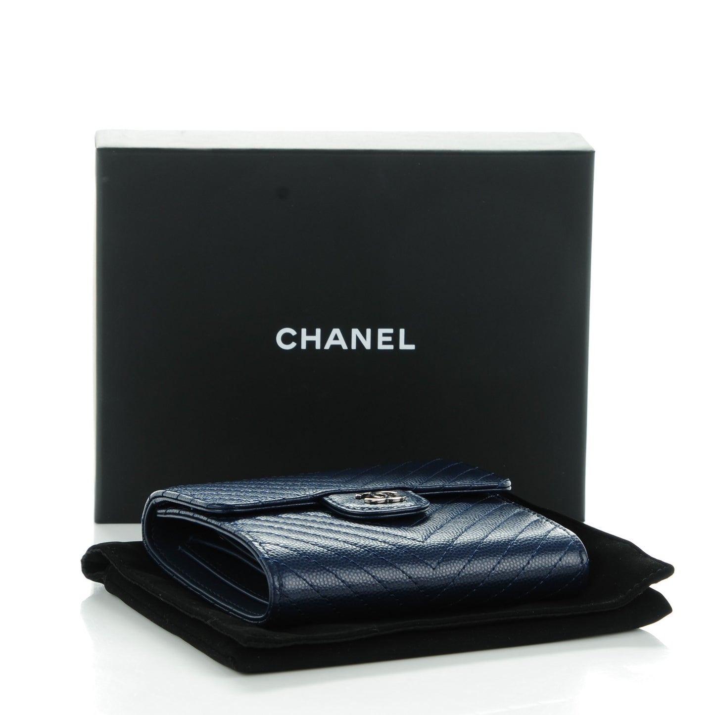 Caviar Chevron Quilted Compact Flap Wallet Navy